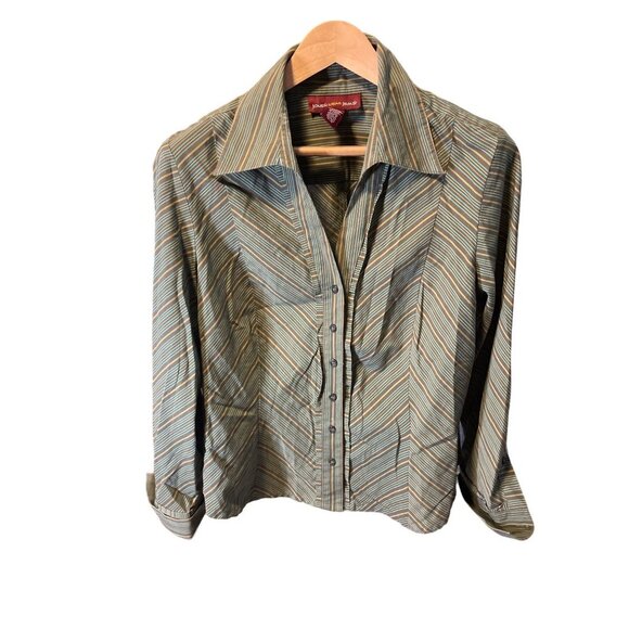 Jones Wear Jeans Fitted V Neck Collared Green Striped Blouse Top Sz XL - Picture 1 of 4